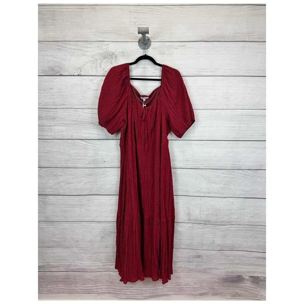 Polagram Plus Size Dark Red Textured Puff Sleeve Tiered Midi Maxi Dress Size 3XL
